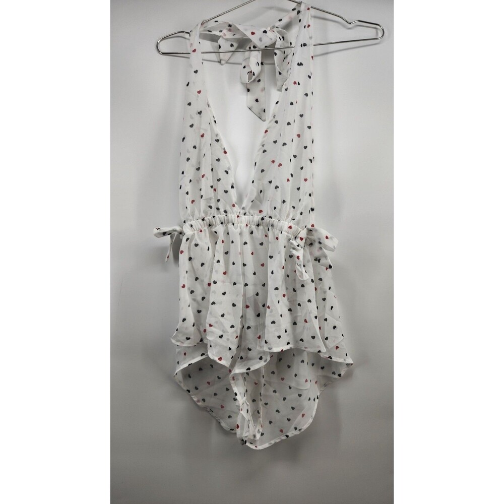 Adore Me Small White Merilyn Romper Lingerie Sleepwear Polka Heart‎ NWT